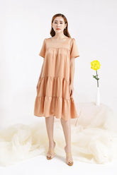 Tiered A-Line Midi Dress in Silk with Square Neckline